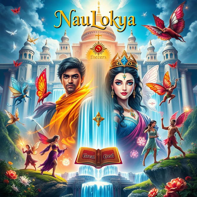 An enchanting A4 book cover design for 'NauLokya' that immerses viewers in a vibrant magical realm