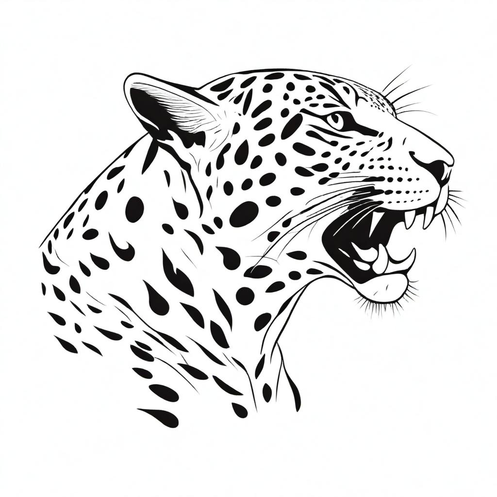 A detailed, full-body illustration of a relaxed jaguar lying down in profile view, growling, with both spots and contours clearly defined, against a white background