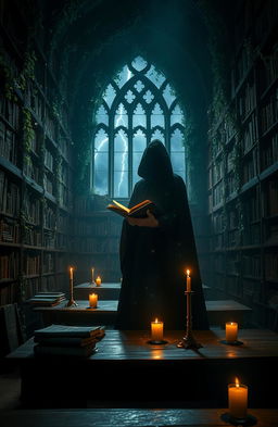 A dark academia scene set in an ancient, ivy-covered library filled with towering shelves of old books