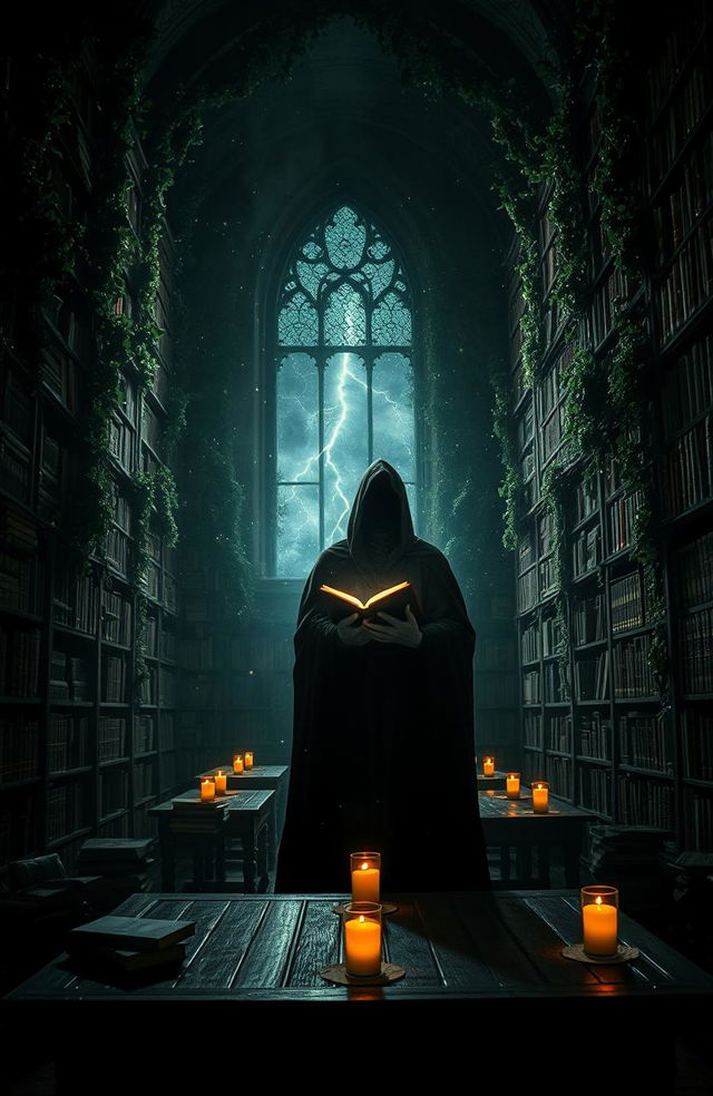 A dark academia scene set in an ancient, ivy-covered library filled with towering shelves of old books