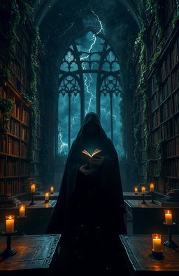 A dark academia scene set in an ancient, ivy-covered library filled with towering shelves of old books