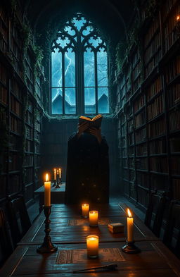 A dark academia scene set in an ancient, ivy-covered library filled with towering shelves of old books