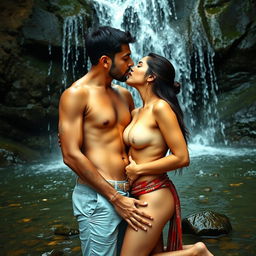 A romantic scene set under a beautiful waterfall, featuring a hot 18-year-old Pakistani girl engaged in an intimate encounter with a man