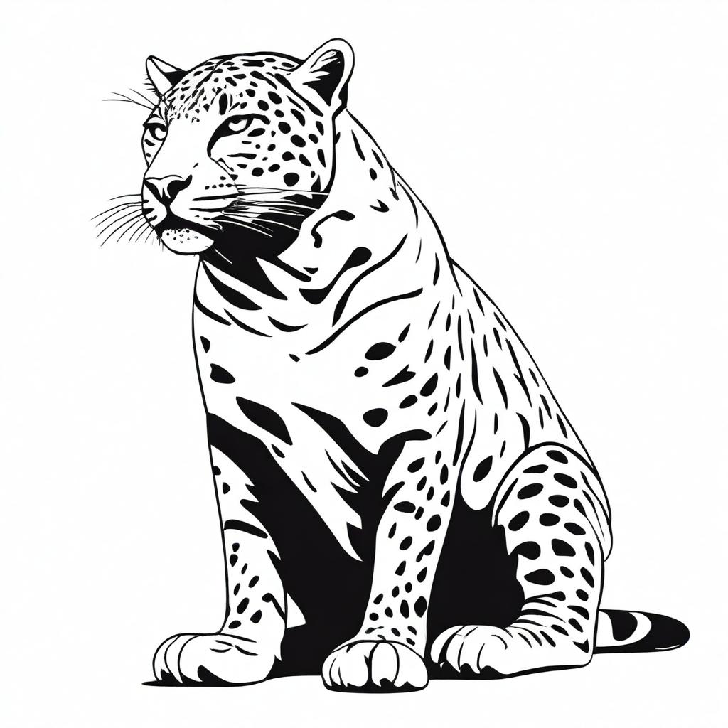 A detailed, full-body illustration of a relaxed jaguar lying down in profile view, growling, with both spots and contours clearly defined, against a white background