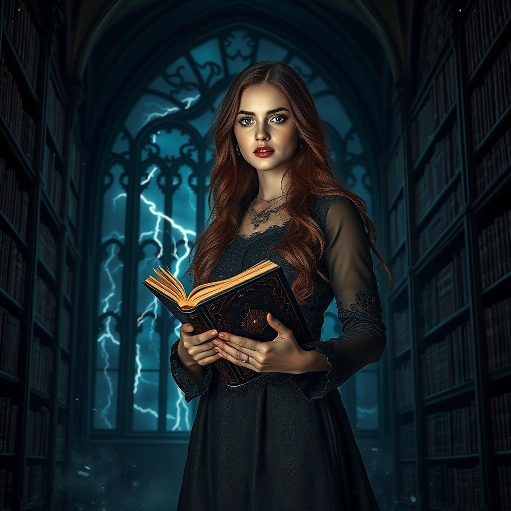 A captivating dark academia scene featuring a young woman with long, flowing hair and a vintage-inspired outfit adorned with embroidered details