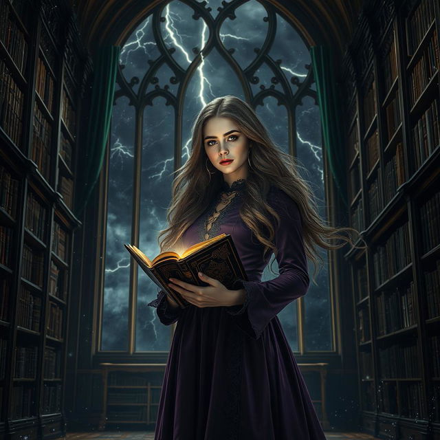 A captivating dark academia scene featuring a young woman with long, flowing hair and a vintage-inspired outfit adorned with embroidered details