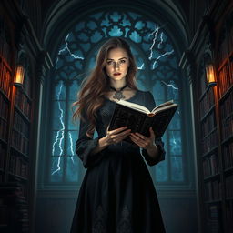 A captivating dark academia scene featuring a young woman with long, flowing hair and a vintage-inspired outfit adorned with embroidered details