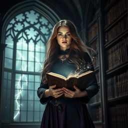 A captivating dark academia scene featuring a young woman with long, flowing hair and a vintage-inspired outfit adorned with embroidered details