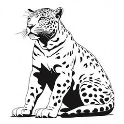 A detailed, full-body illustration of a relaxed jaguar lying down in profile view, growling, with both spots and contours clearly defined, against a white background