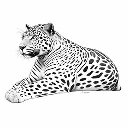 A detailed, full-body illustration of a relaxed jaguar lying down in profile view, growling, with both spots and contours clearly defined, against a white background