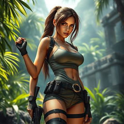 A hyper-realistic depiction of a very sexy looking Lara Croft, showcasing her athletic physique and confident demeanor