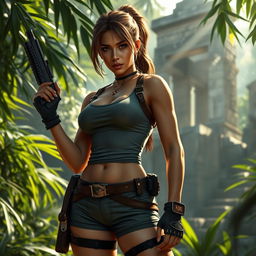 A hyper-realistic depiction of a very sexy looking Lara Croft, showcasing her athletic physique and confident demeanor