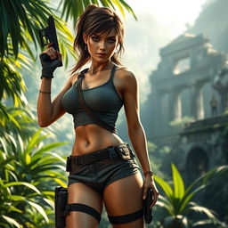 A hyper-realistic depiction of a very sexy looking Lara Croft, showcasing her athletic physique and confident demeanor