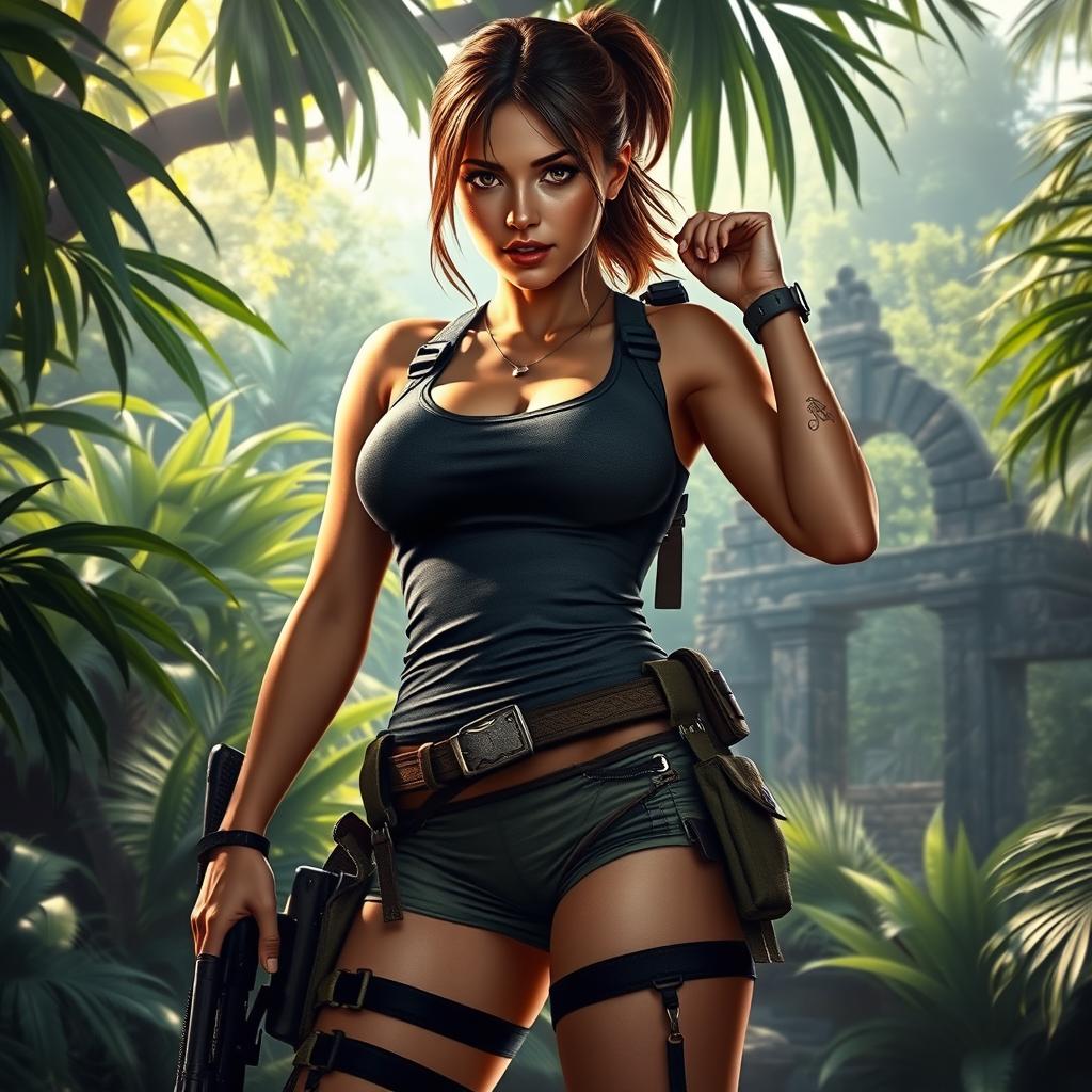 A hyper-realistic depiction of a very sexy looking Lara Croft, showcasing her athletic physique and confident demeanor