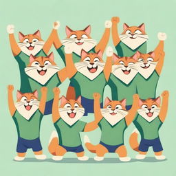 Ten muscular cats in green shirts standing with their arms raised in a cartoonish style.