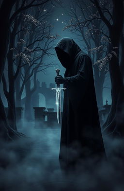 A dark revenge story featuring a shadowy figure standing amidst a mystical forest