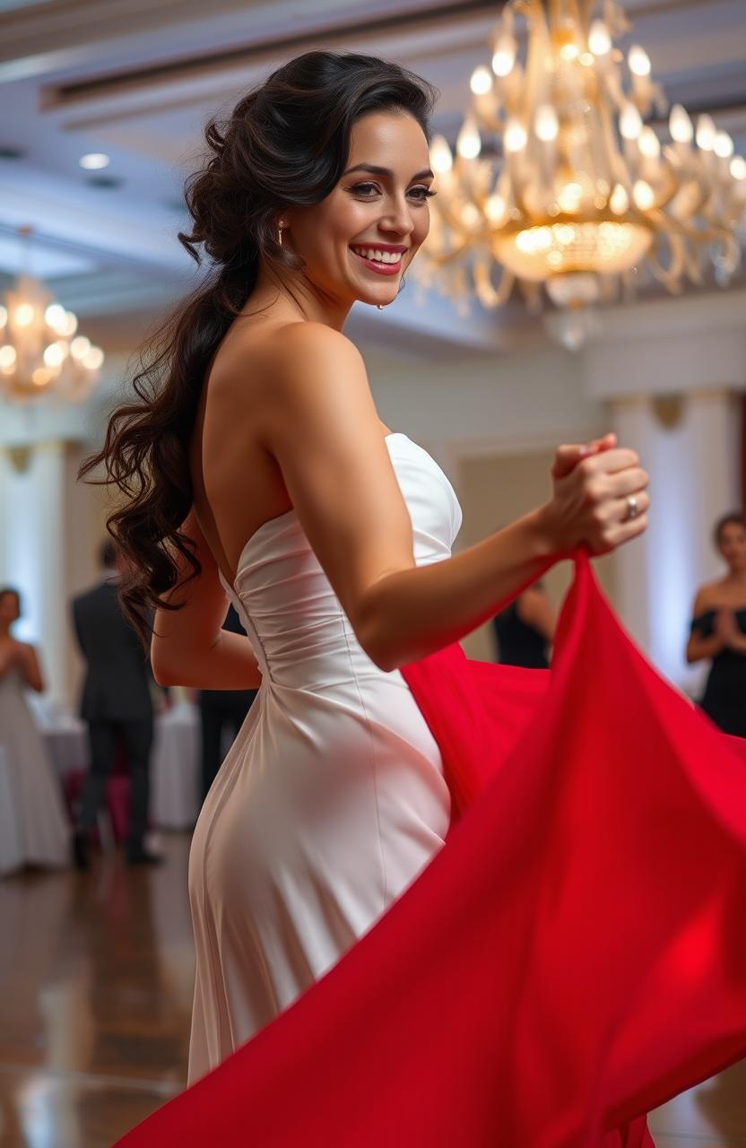 A woman with beautiful dark curls, wearing an elegant white dress that transforms into a vibrant red as she dances gracefully