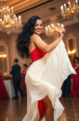 A woman with beautiful dark curls, wearing an elegant white dress that transforms into a vibrant red as she dances gracefully