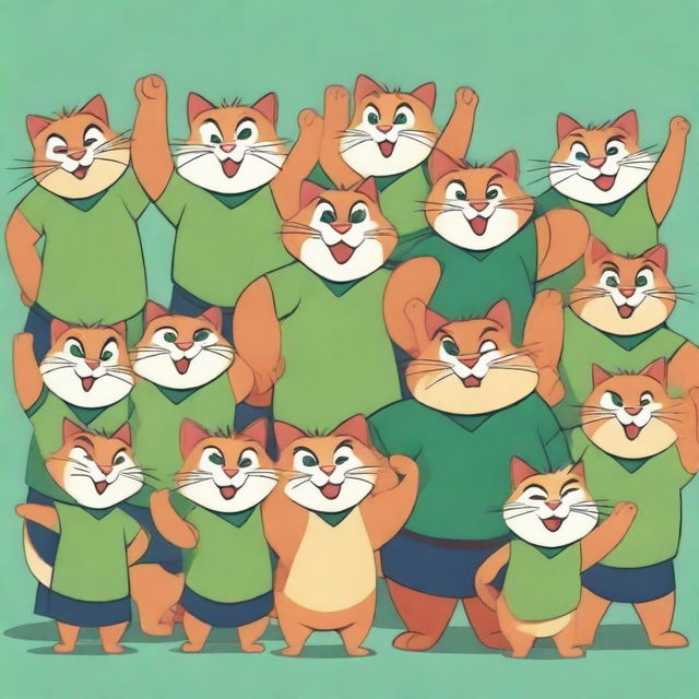 Ten muscular cats in green shirts standing with their arms raised in a cartoonish style.