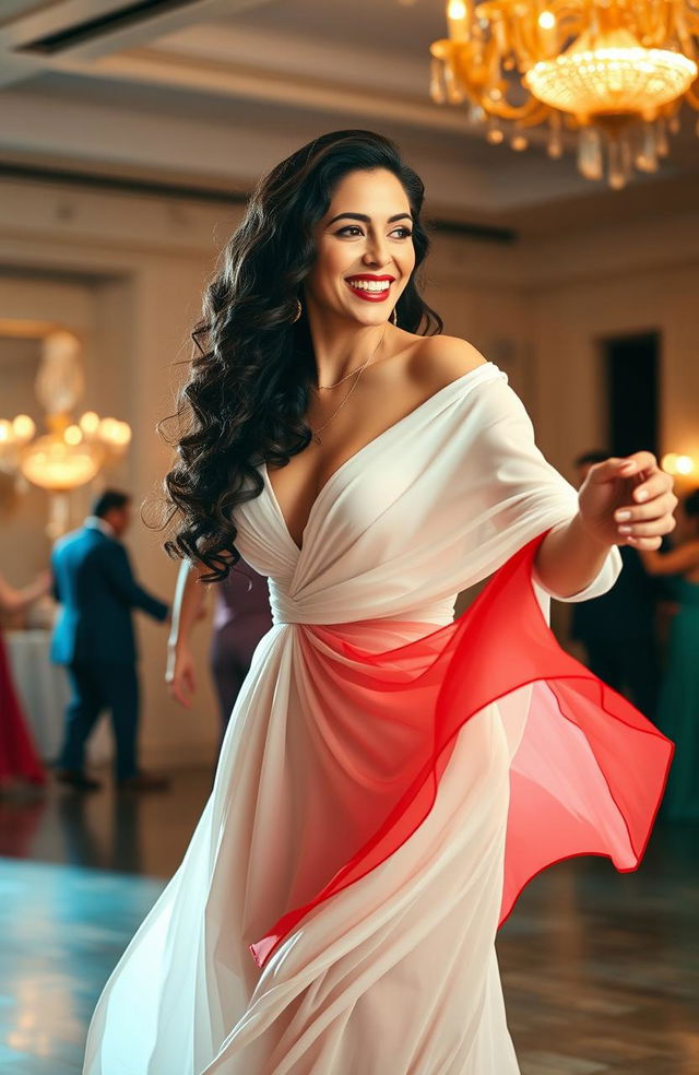 A woman with beautiful dark curls, wearing an elegant white dress that transforms into a vibrant red as she dances gracefully