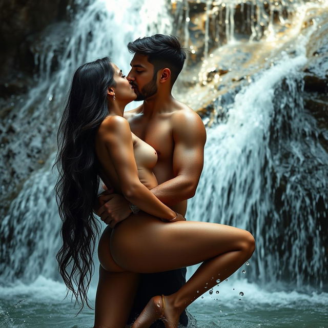 A passionate and romantic scene under a breathtaking waterfall featuring a hot, cute 18-year-old Pakistani girl and a man sharing an intimate moment