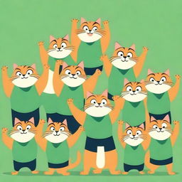 Ten muscular cats in green shirts standing with their arms raised in a cartoonish style.