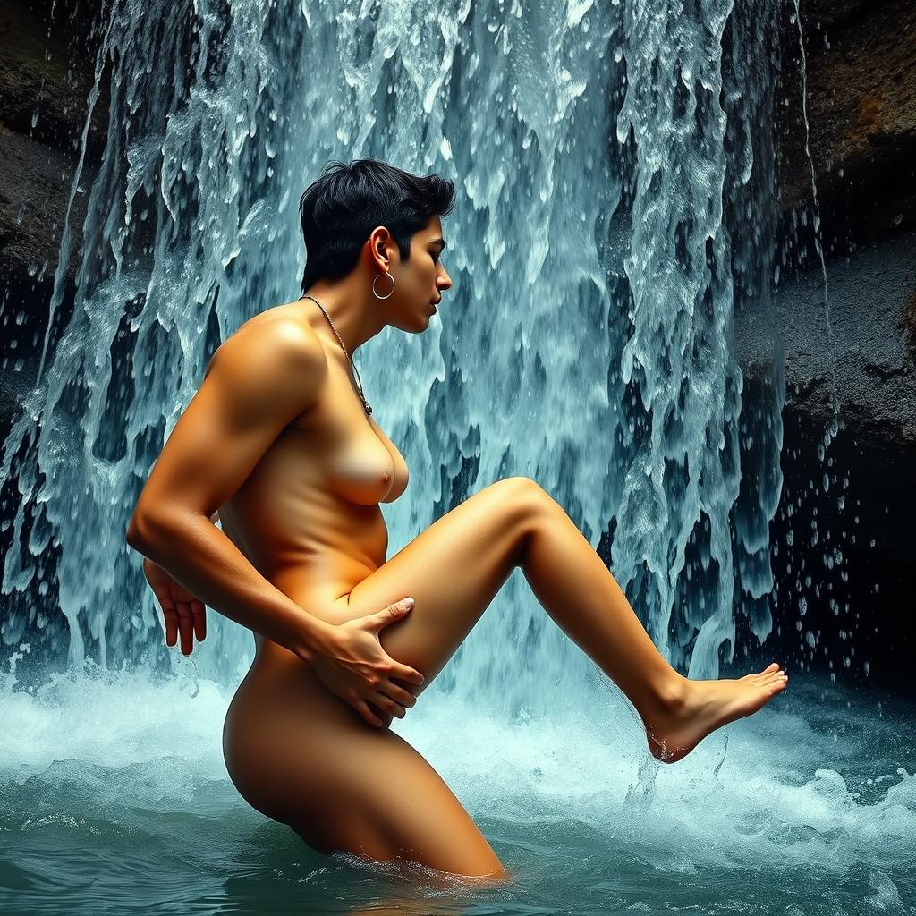 A romantic and sensual scene under a majestic waterfall, depicting a beautiful, cute 18-year-old Pakistani girl in an intimate moment with a man