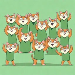 Ten muscular cats in green shirts standing with their arms raised in a cartoonish style.