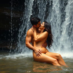A romantic and sensual scene under a majestic waterfall, depicting a beautiful, cute 18-year-old Pakistani girl in an intimate moment with a man