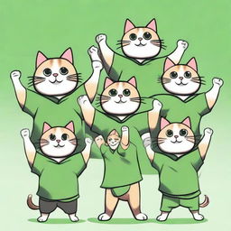 Ten muscular cats in green shirts standing with their arms raised.