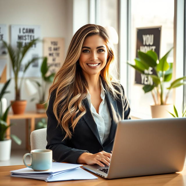 A portrait of a strong and inspiring woman entrepreneur in a bright office space, surrounded by a laptop, business documents, and a coffee mug