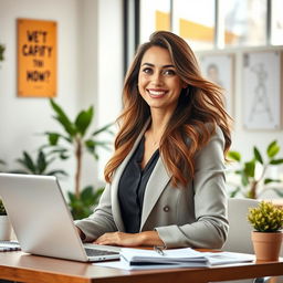 A portrait of a strong and inspiring woman entrepreneur in a bright office space, surrounded by a laptop, business documents, and a coffee mug