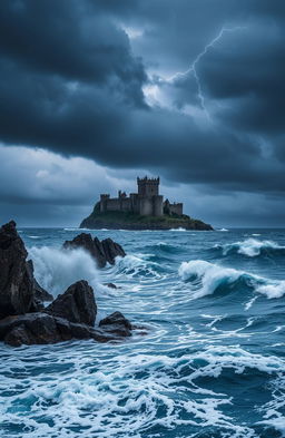 A dramatic seascape featuring tumultuous stormy waves crashing against jagged rocks
