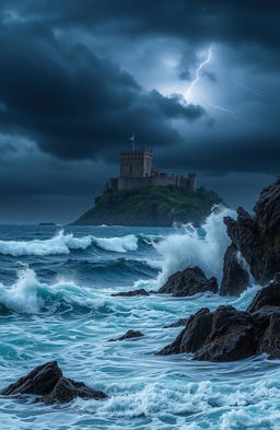 A dramatic seascape featuring tumultuous stormy waves crashing against jagged rocks