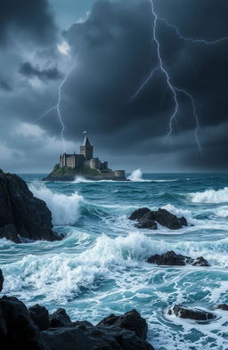 A dramatic seascape featuring tumultuous stormy waves crashing against jagged rocks