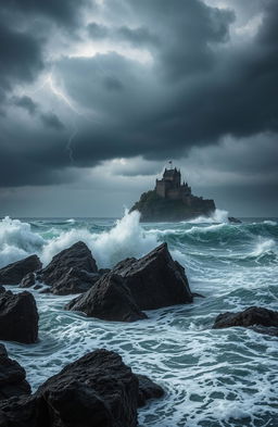 A dramatic seascape featuring tumultuous stormy waves crashing against jagged rocks