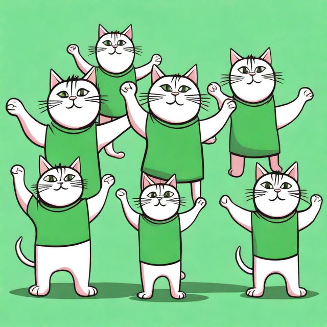 Ten muscular cats in green shirts standing with their arms raised.