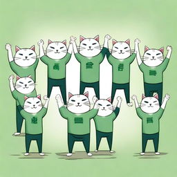 Ten muscular cats in green shirts standing with their arms raised.