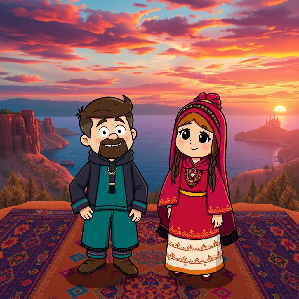 An artistic interpretation of Gravity Falls characters reimagined in the style of Azerbaijan's rich culture