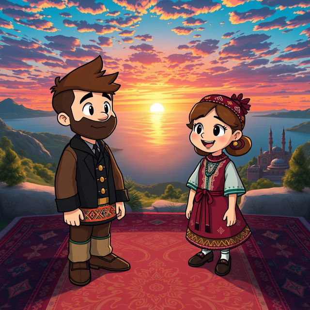 An artistic interpretation of Gravity Falls characters reimagined in the style of Azerbaijan's rich culture