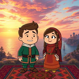 An artistic interpretation of Gravity Falls characters reimagined in the style of Azerbaijan's rich culture