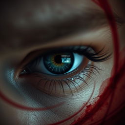A close-up of a striking, piercing eye that seems to be filled with deep, intense emotions of revenge and determination