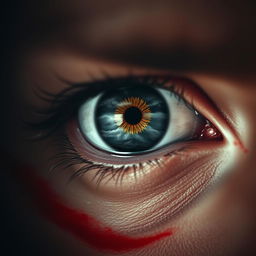 A close-up of a striking, piercing eye that seems to be filled with deep, intense emotions of revenge and determination