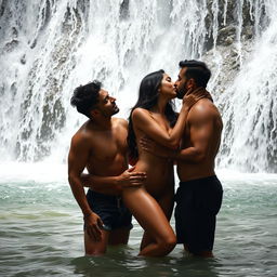 A sensual scene under a stunning waterfall featuring a hot 18-year-old Pakistani girl in an intimate encounter with two men