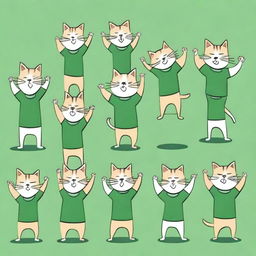 Ten muscular cats in green shirts standing with their arms raised.