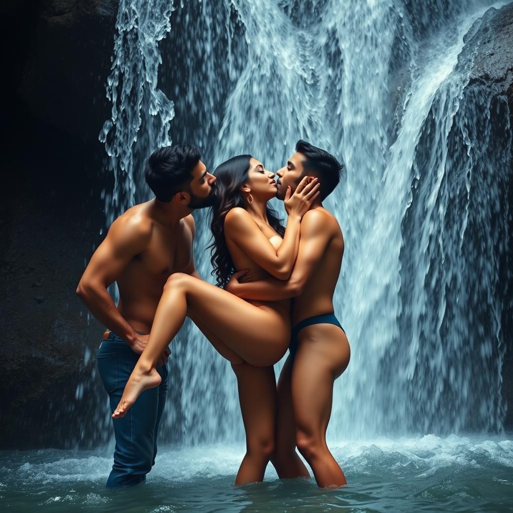 A sensual scene under a stunning waterfall featuring a hot 18-year-old Pakistani girl in an intimate encounter with two men