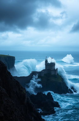 A dramatic seascape featuring a stormy sky filled with dark clouds