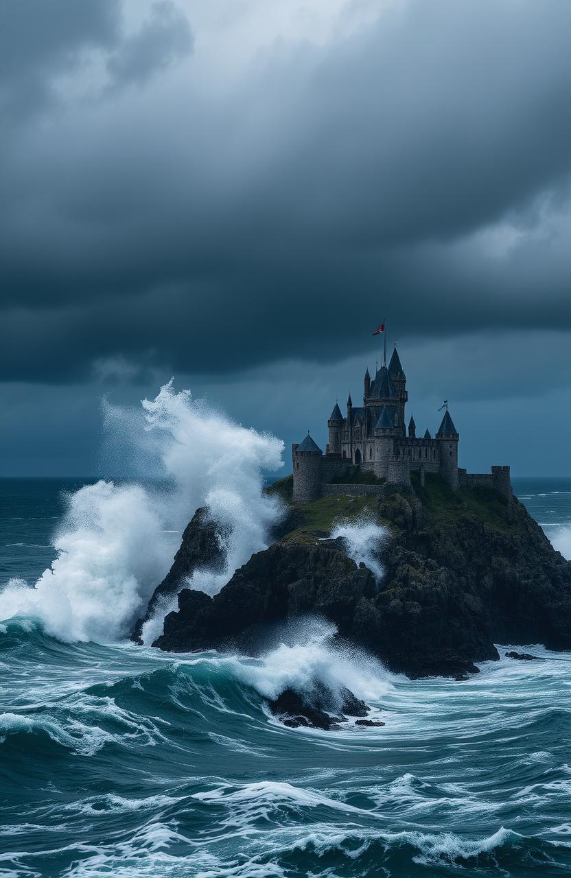 A dramatic seascape featuring a stormy sky filled with dark clouds