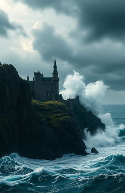 A dramatic seascape featuring a stormy sky filled with dark clouds