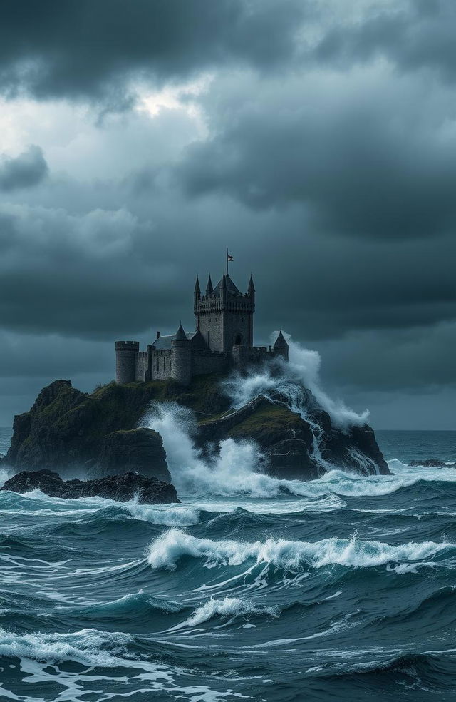 A dramatic seascape featuring a stormy sky filled with dark clouds